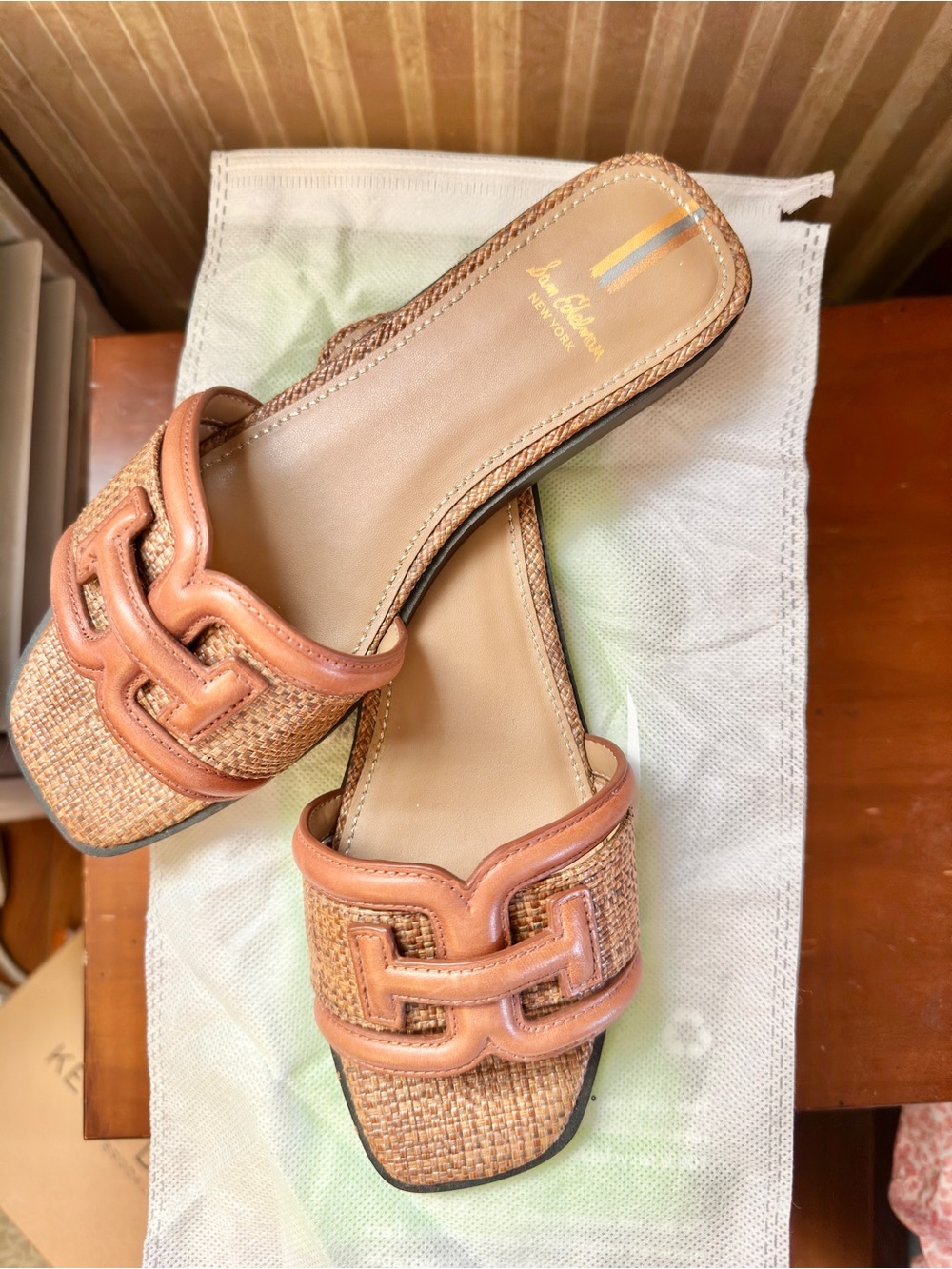 Sam Edelman Tan Woven Leather-Trim Slide Mules